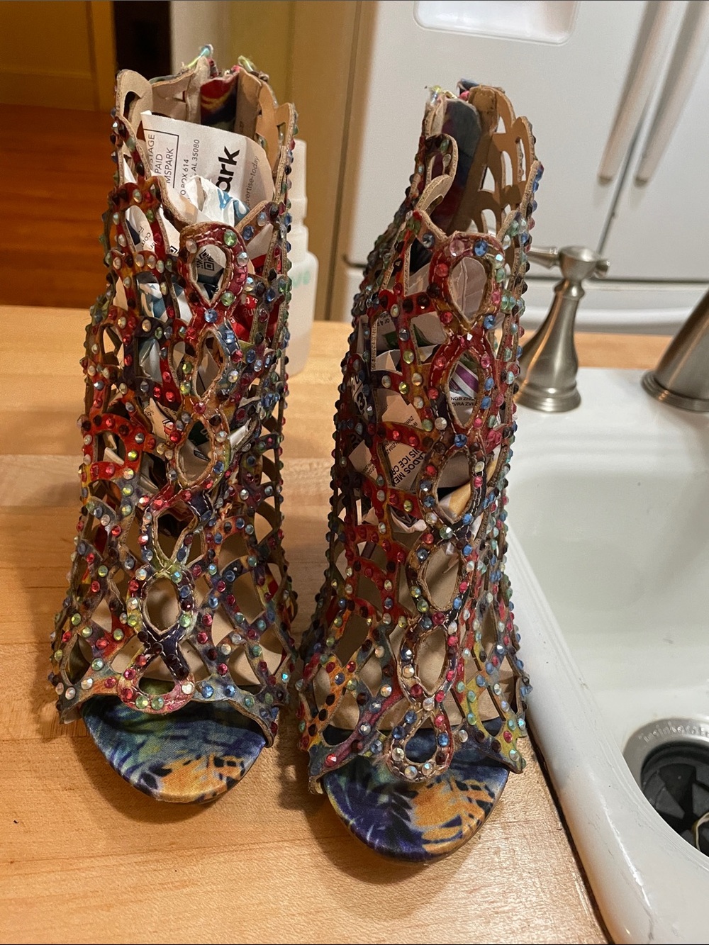 Embellished Multicolor Cutout Peep-Toe Ankle Boots - Women